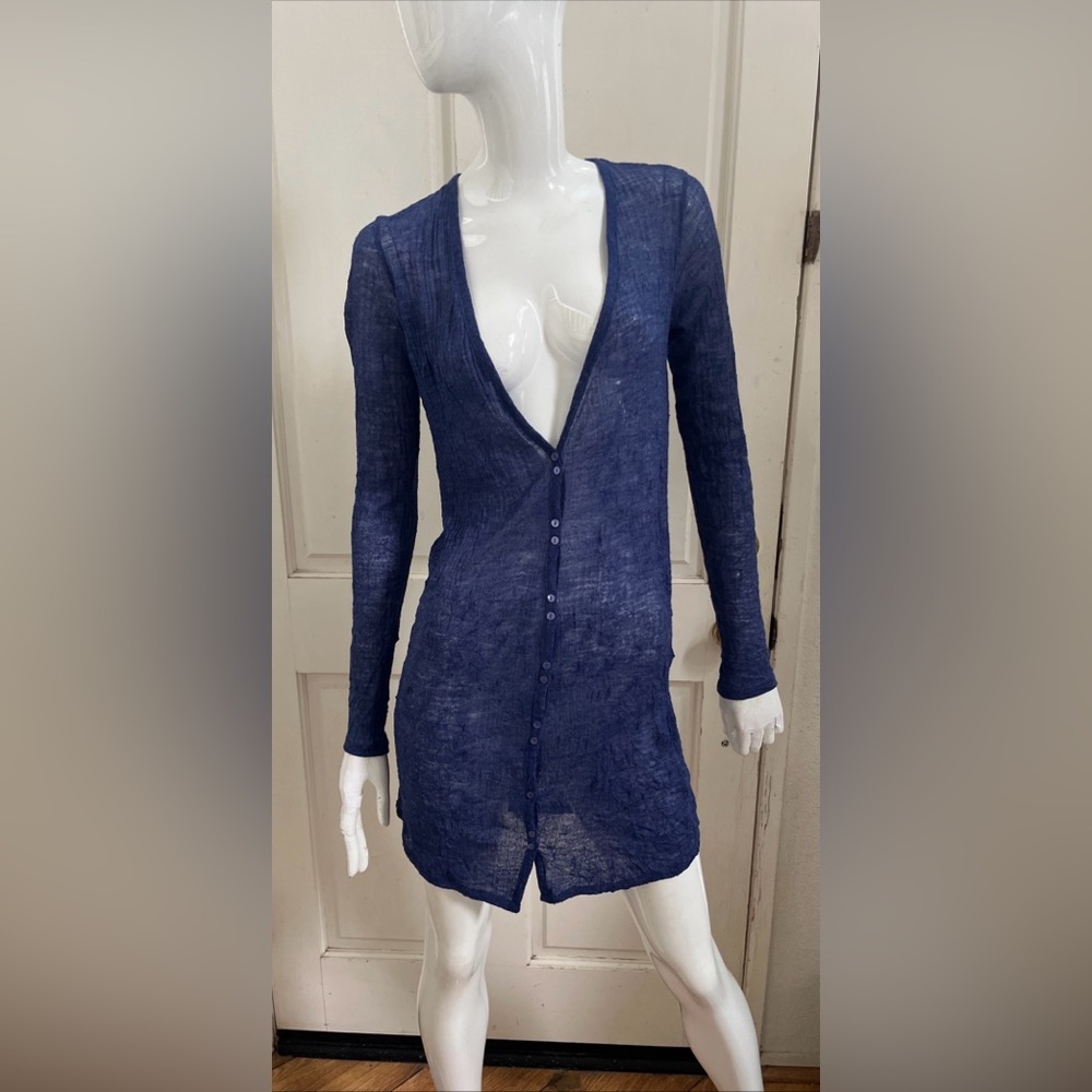 Eileen Fisher NWT! Sapphire Blue Crinkled Wool V-NECK SLIM CARDIGAN! Sz XS